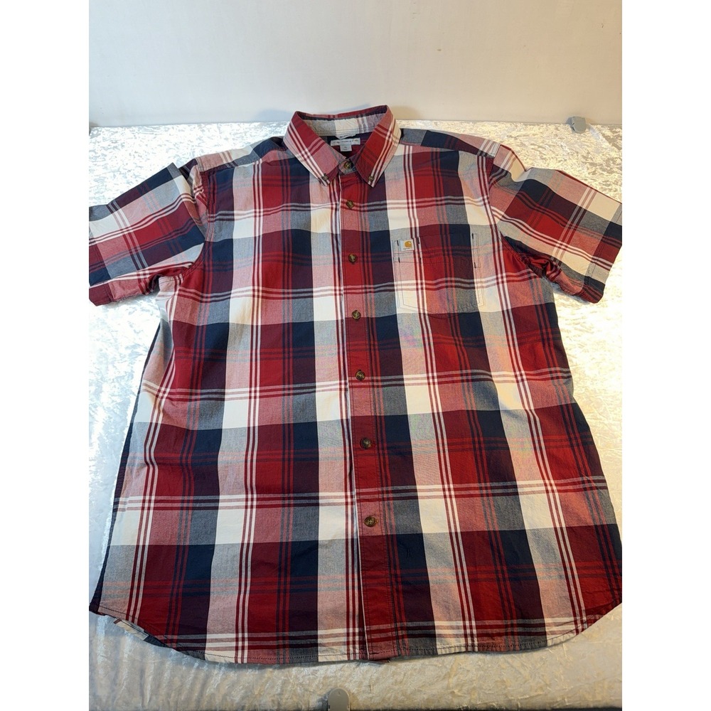 Carhartt Mens XL Plaid Shirt Red Blue Short Sleeve Button Down Relaxed Fit
